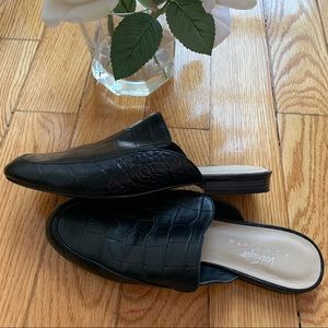 Black Embossed Leather Mules